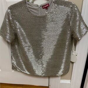 STAUD Hand-beaded Silver Short Sleeve Top